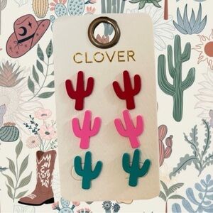 Clover Trifecta Cactus Stud Earrings Pack - Red, Pink & Teal NWT